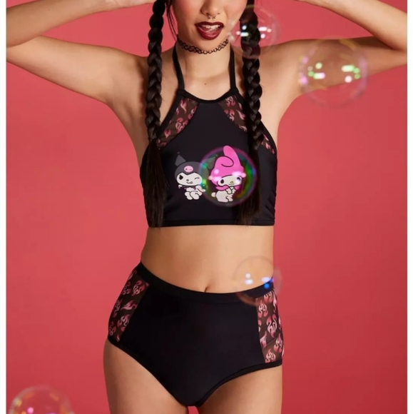 My Melody Kuromi Black Pink Flame Swim Bottoms Hot Topic New Tags Sz S - Picture 3 of 4